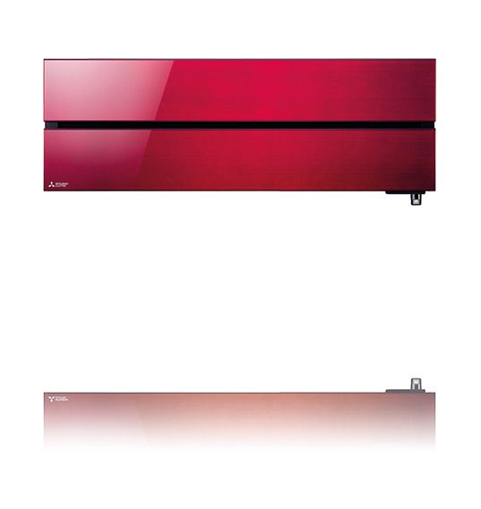 Mitsubishi Electric LN red - Rote Klimaanlage mit schwarzem Rahmen, die an einer Wand montiert ist und für Kühlung sorgt.